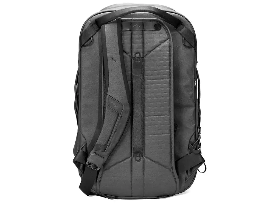The back panel of the Peak Design Travel Backpack 30L with the one swivel strap stowed under the magnetic flap. (Photo Courtesy of Peak Design)