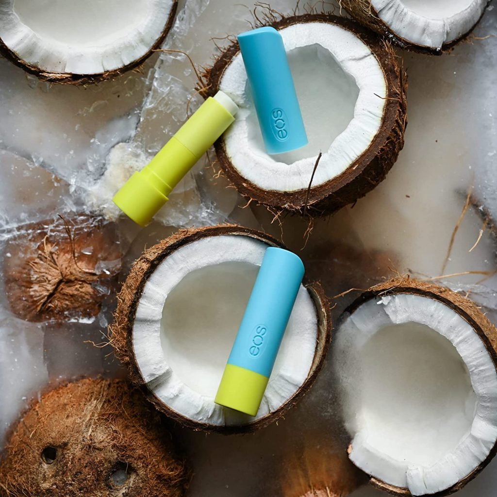EOS The Guardian Sun Protect with SPF 30 vegan lip balm with coconut halves (photo courtesy of EOS).