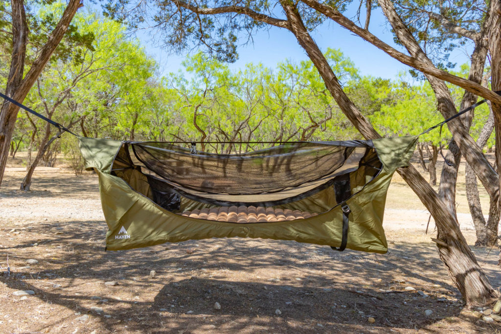 The Haven Safari lay-flat hammock with bug net unzipped.