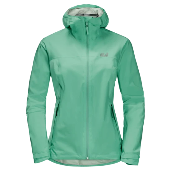 Women's Jack Wolfskin JWP Shell sustainable rain jacket (photo courtesy of Jack Wolfskin).