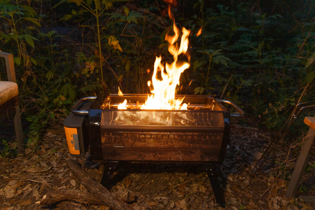 A (smokeless) fire burning in the BioLite FirePit+ smokeless fire pit.