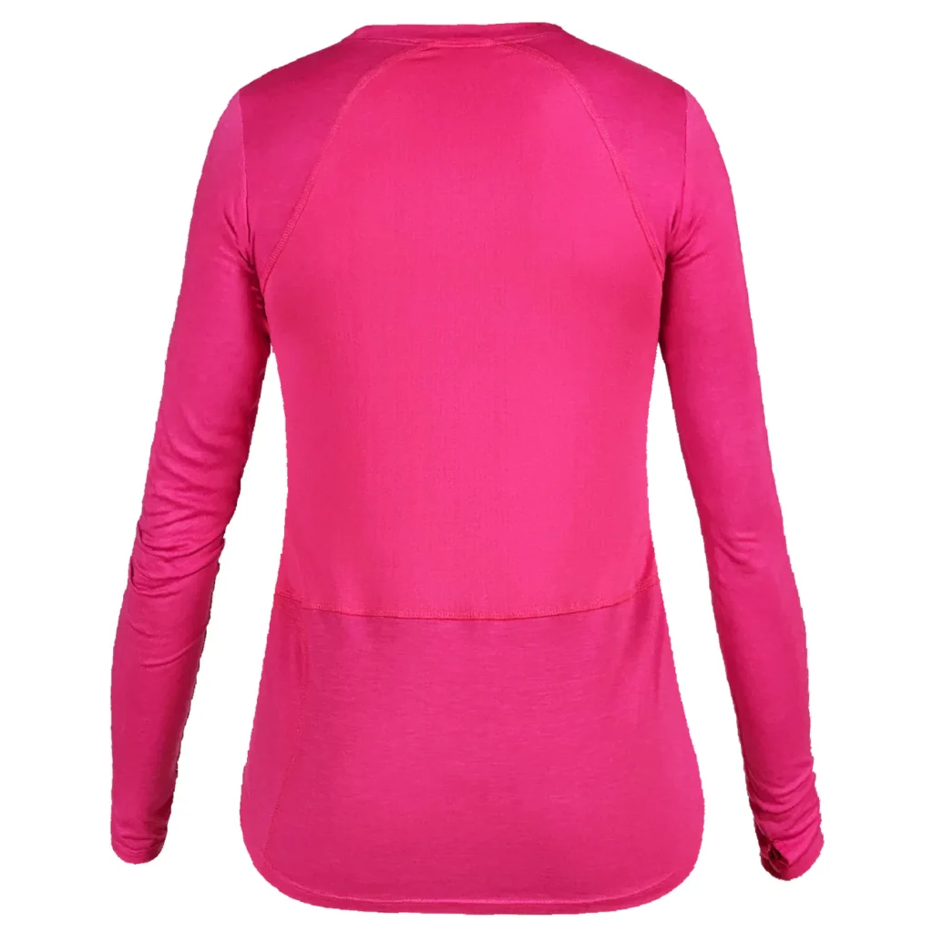 SHREDLY mountain bike clothing: The  back of the long sleeve tee in flamingo pink.