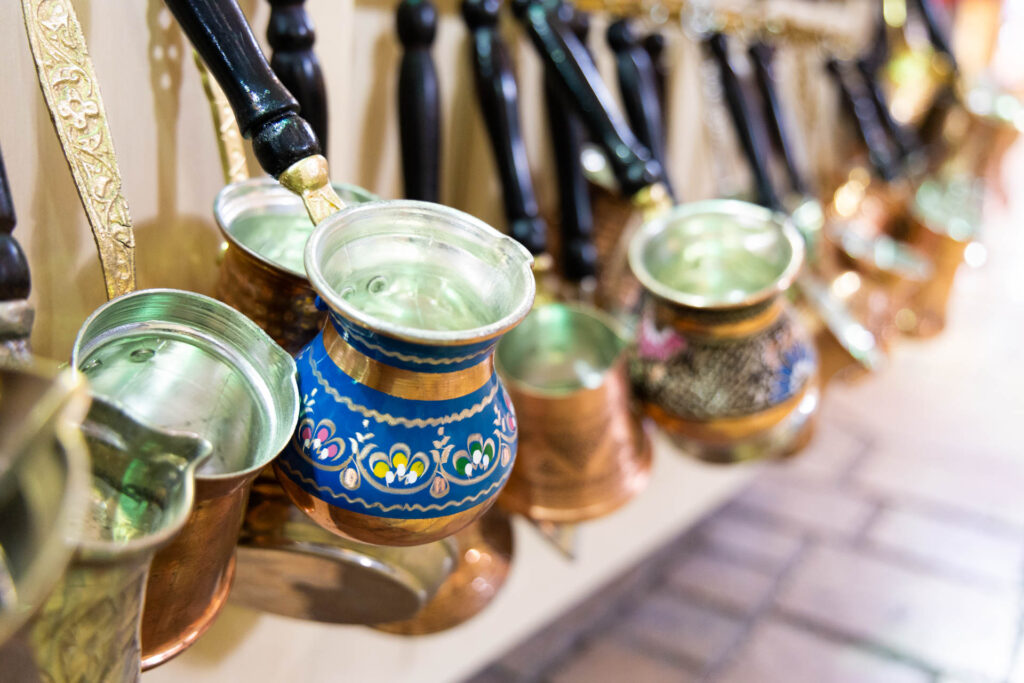 A week in Turkey: Turkish coffee pots in the Grand Bazaar in Istanbul.