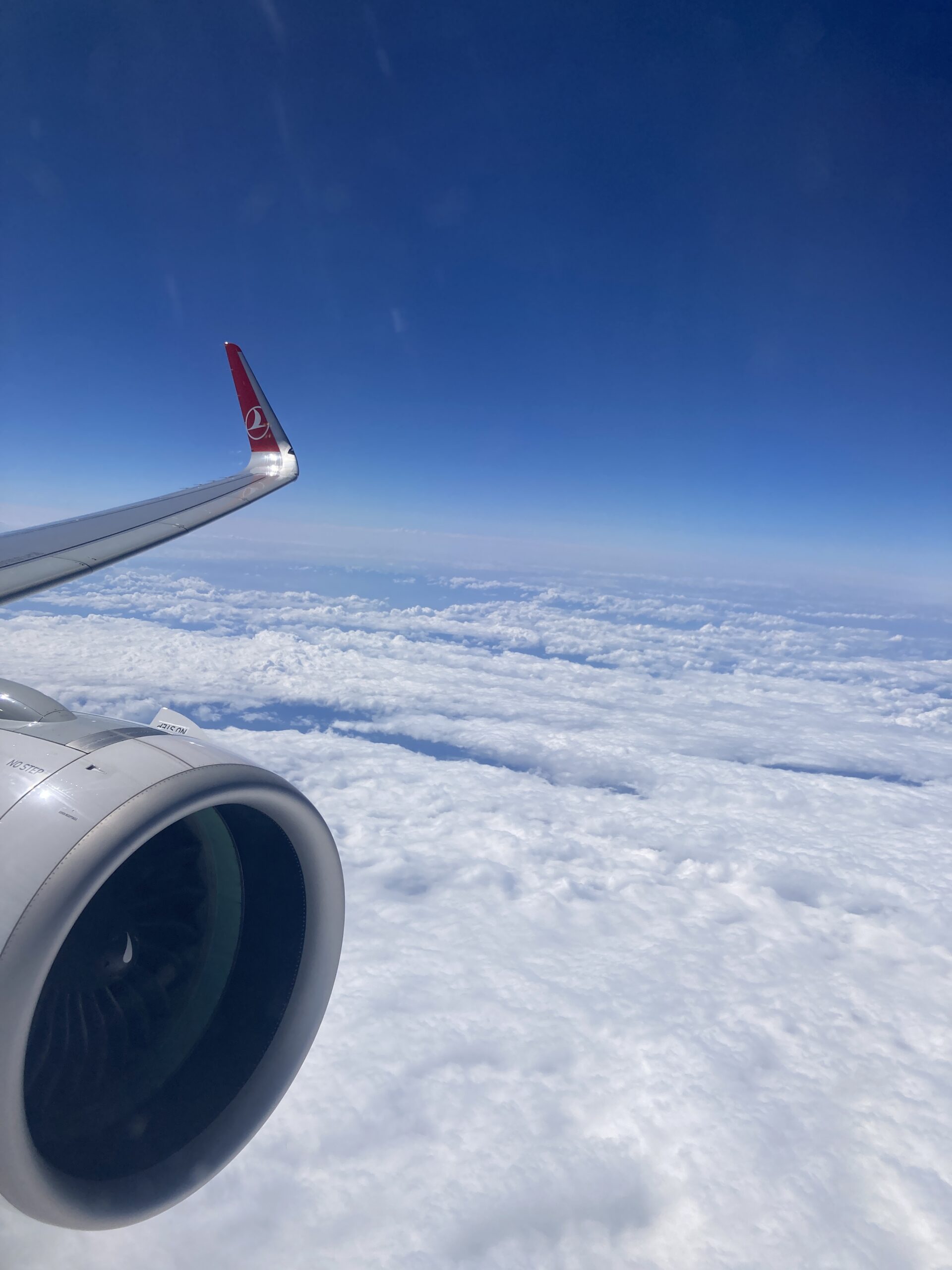 view out an airplane window above the clouds.