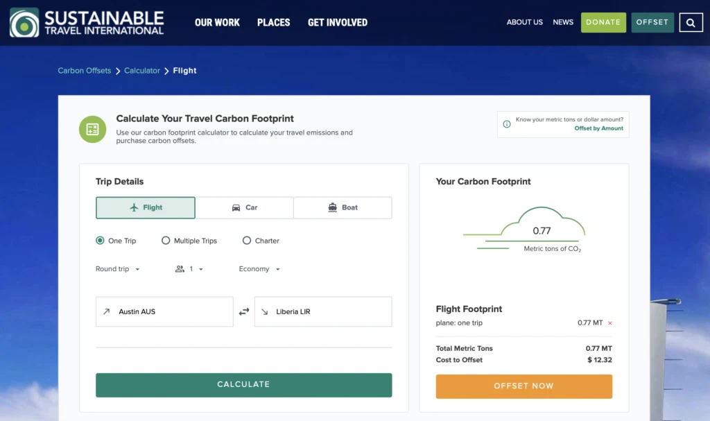 Carbon offset travel calculator on Sustainable Travel International's website.