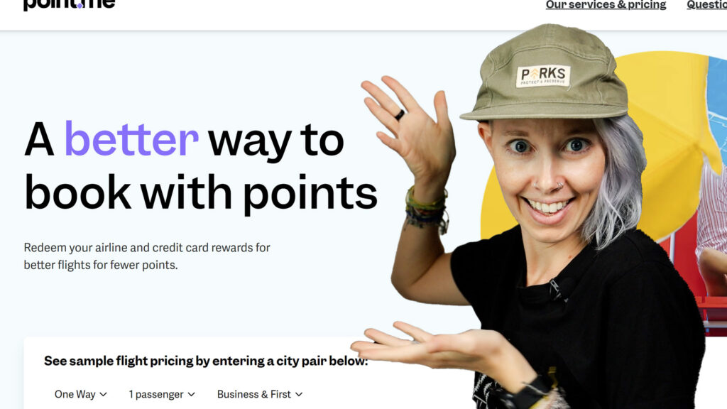 a woman looks excited in front of the point.me website that says "a better way to book with points."