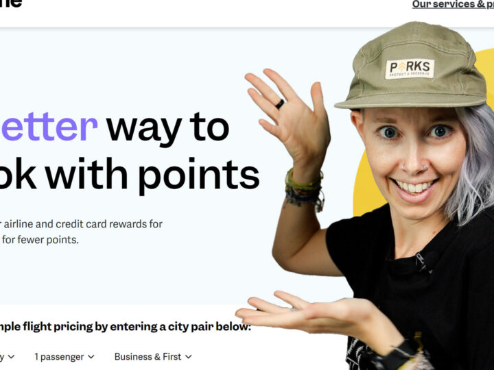 a woman looks excited in front of the point.me website that says 