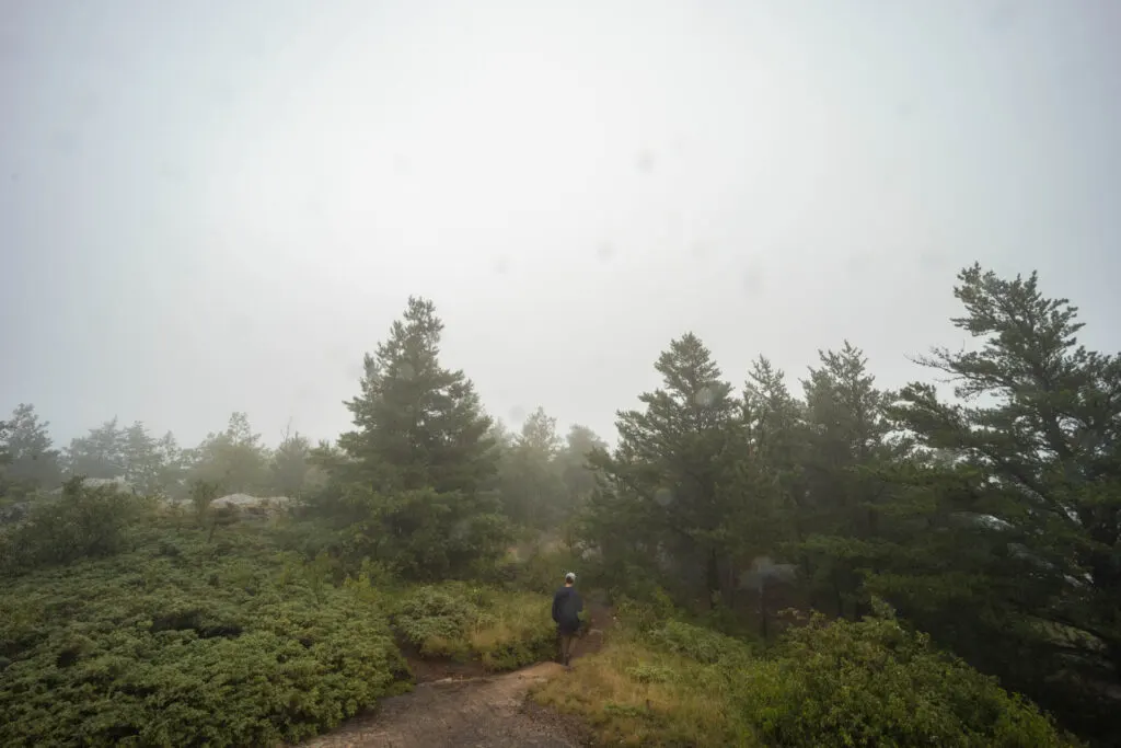 Hiking in the fog and rain at Hogback Mountain.