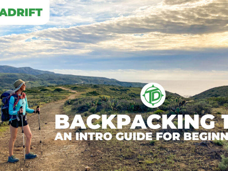 Backpacking 101 course banner: a woman with a backpack looks out over the landscape.