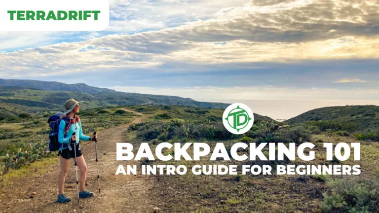 Backpacking 101 course banner: a woman with a backpack looks out over the landscape.