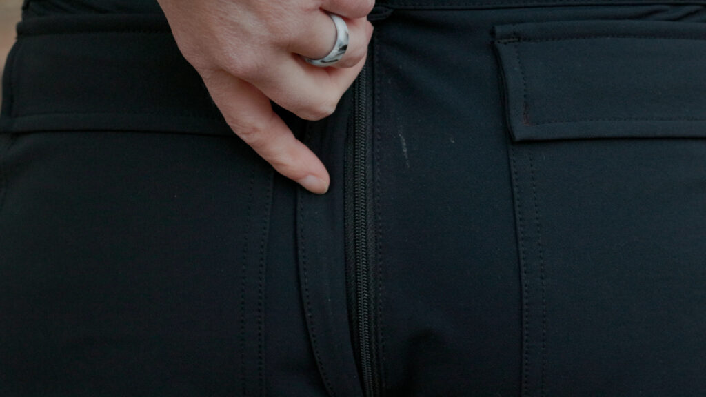 The patented front-to-back zipper on the SheFly hiking pants for women.