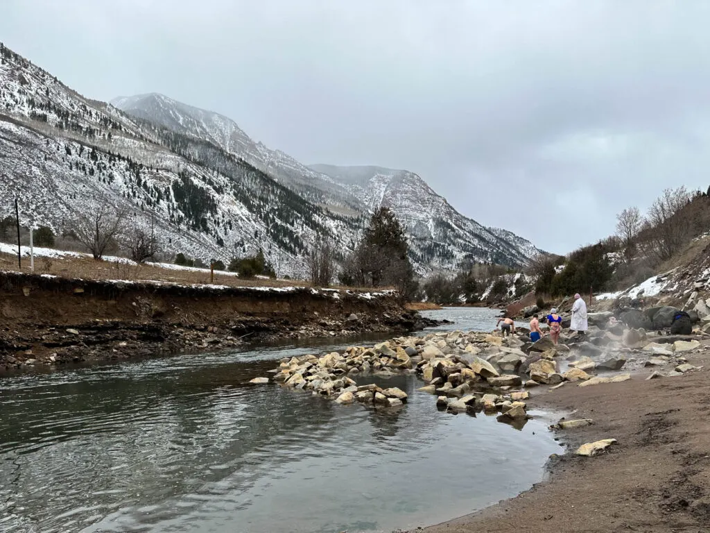 Mountains and a river next to Penny Hot Springs in Redstone, Colorado.