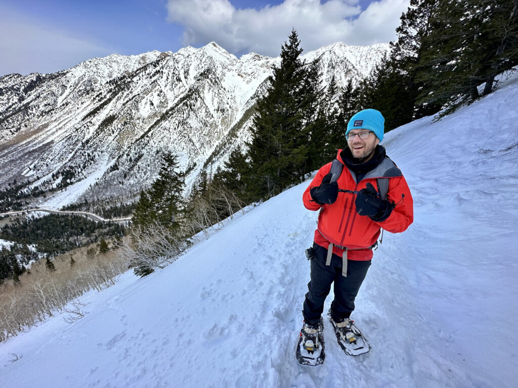 a man snowshoeing outside of Salt Lake City in the MSR snowshoes.