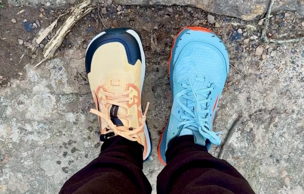 Wearing the Altra Lone Peak 7 (left) and Lone Peak 6 (right) at the same time.