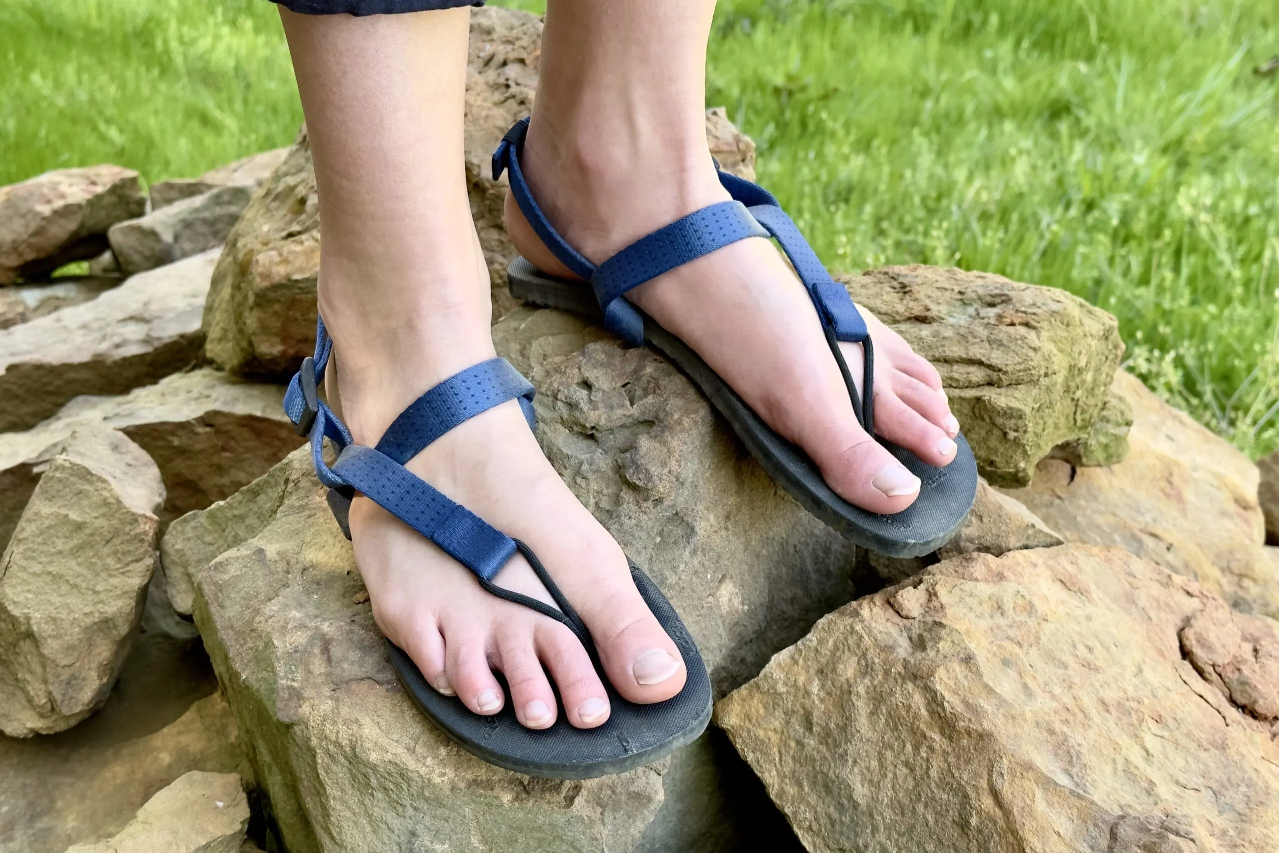 The Deliberate Life Designs Pursuit Huarache sandal with blue straps.