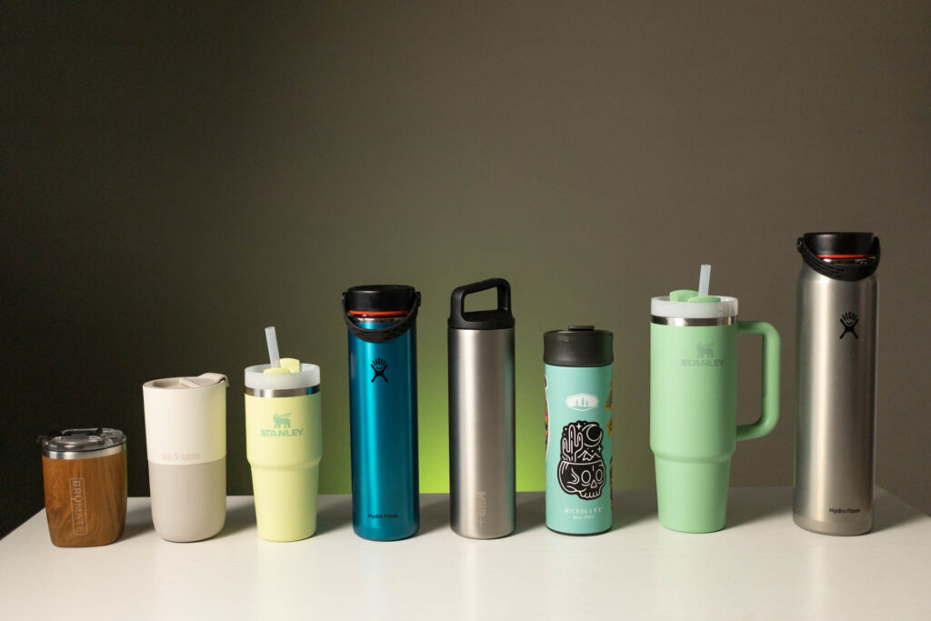 A lineup of insulated water bottles.