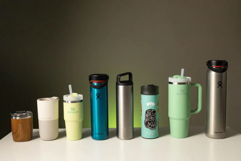 A lineup of insulated water bottles.