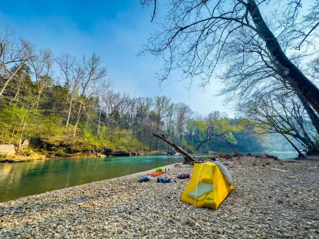 A tent on a gravel bar along the Buffalo National River.