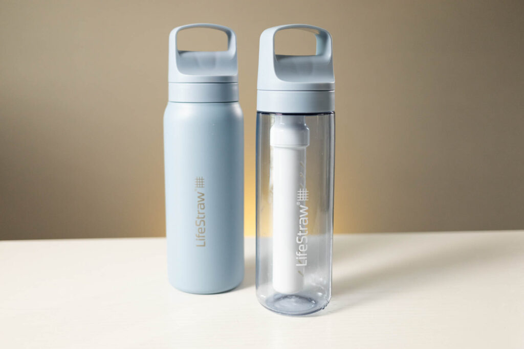 Two Lifestraw Go Series Water filter bottles.
