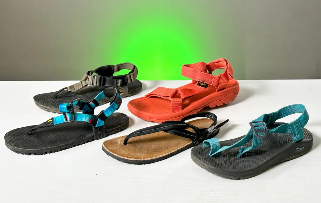 All five hiking sandals together for comparison.