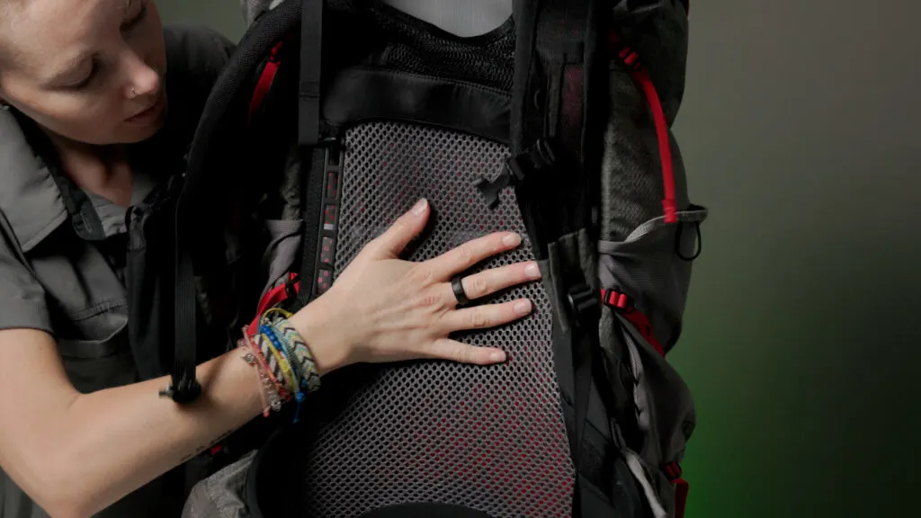 The mesh back panel of the Osprey Eja Pro ultralight backpack