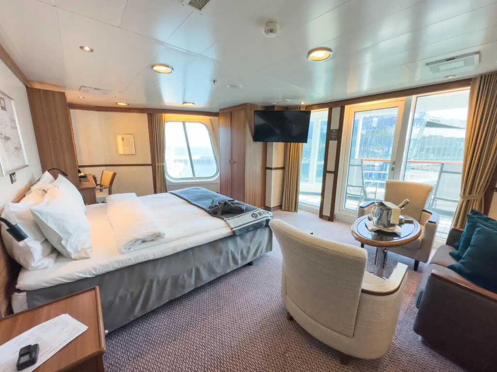 The beautiful expedition suite on the HX MS Fram, complete with balcony.