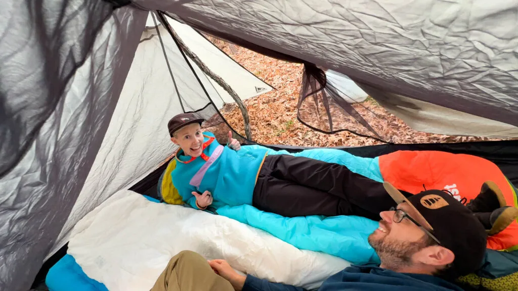 Two people lay head-to-feet with plenty of extra space in the Durston X-Mid 2 ultralight tent.