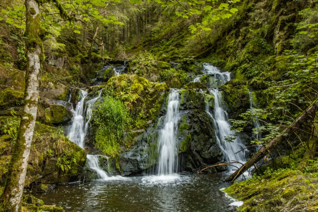 A waterfall along the Rötenbachschlücht in the Black Forest.