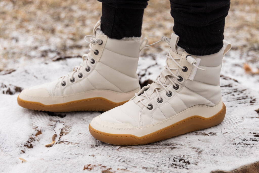 A pair of off-white Gobi Hiber winter barefoot boots from Vivobarefoot.