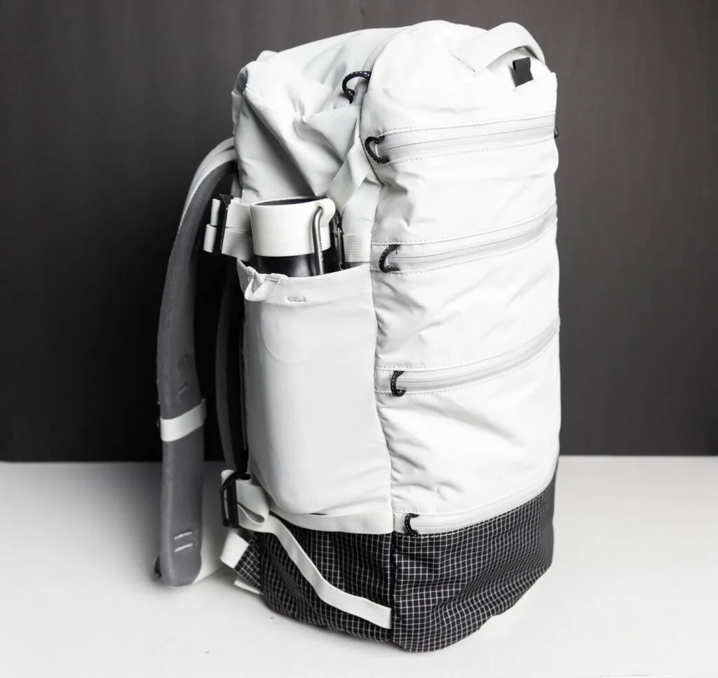 The exterior and water bottle pocket of the the Matador SEG28 travel pack.