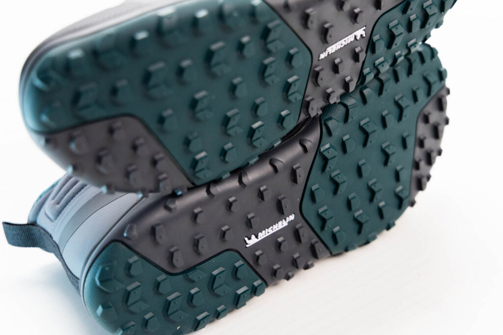 The Michelin soles and lugs on the Xero Shoes Scrambler Mid II Waterproof.