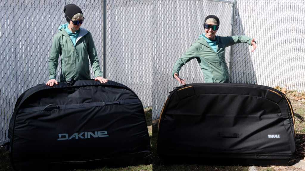 A woman standing in front of the Dakine and Thule Bike travel bags.