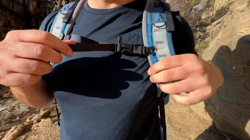 The adjustable sternum strap on The Deuter Aircontact Ultra.