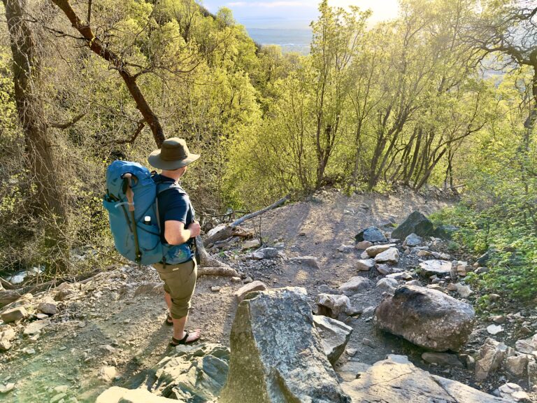 A man with a backpack stands on a sunny trail.