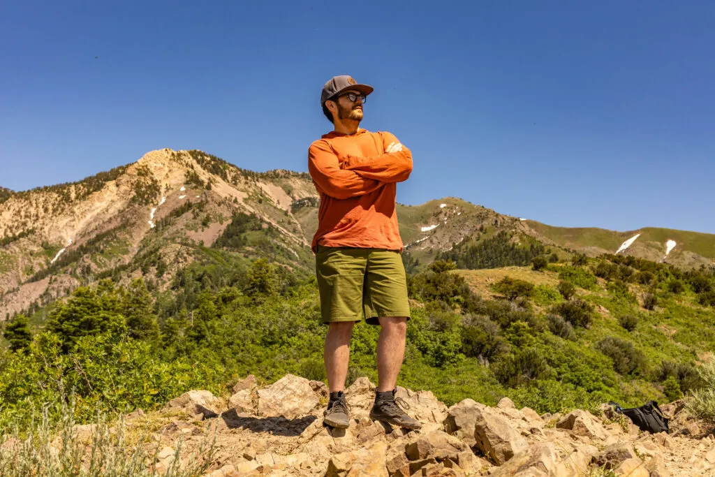 Hiking in organic cotton shirt and shorts from Pact Apparel.