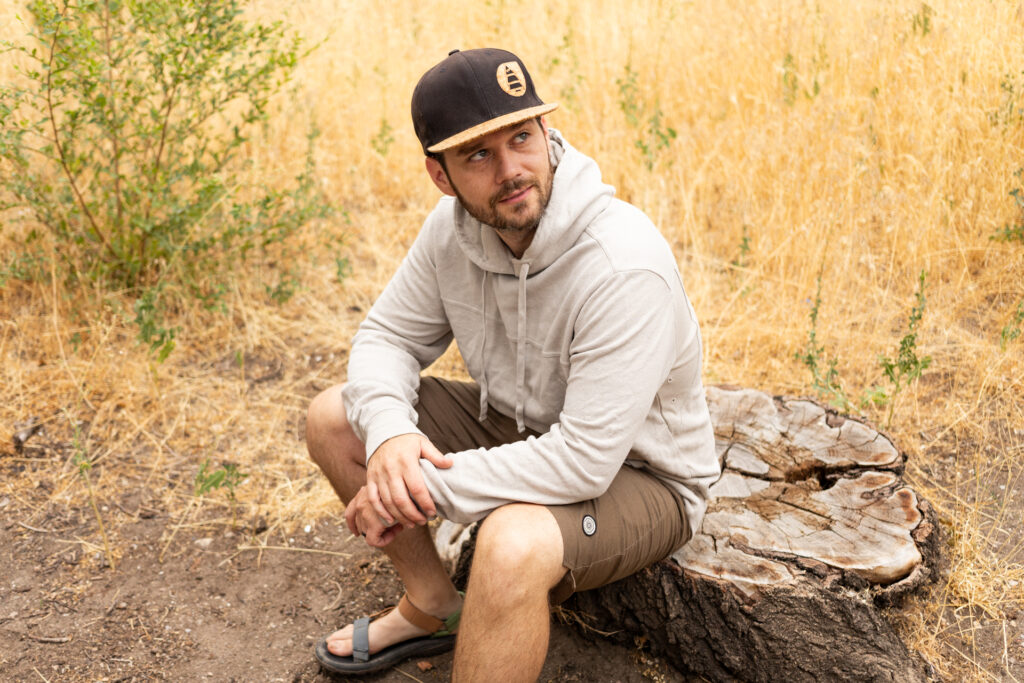 Josh in a hemp hoody and shorts from Astral.