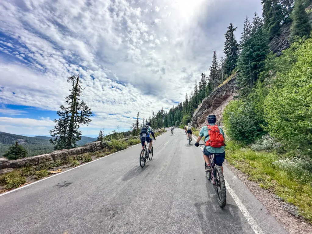 Bikes on the road car-free during Ride the Rim at Crater Lake.