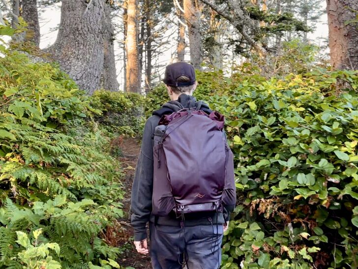 A woman hikes in the woods with the Peak Designs Outdoor Backpack.