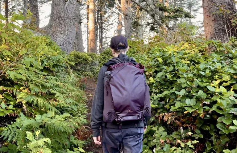 A woman hikes in the woods with the Peak Designs Outdoor Backpack.