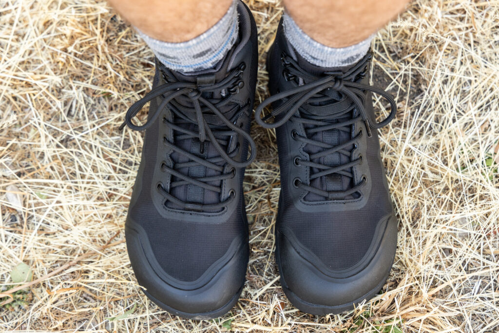 Bahé Boots, black, from the top down showing the wide toe box.