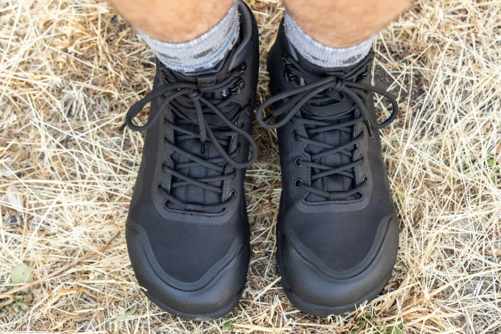 Bahé Boots, black, from the top down showing the wide toe box.