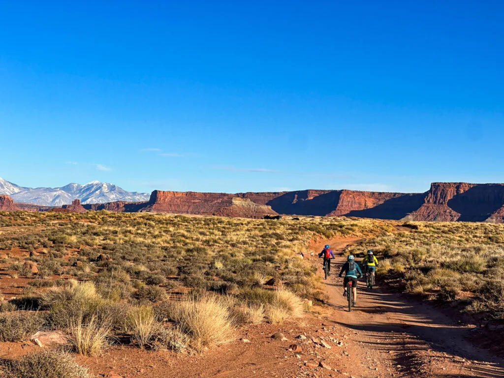 Three riders on bikes riding toward mesas on White Rim Road in Canyonlands National Park.