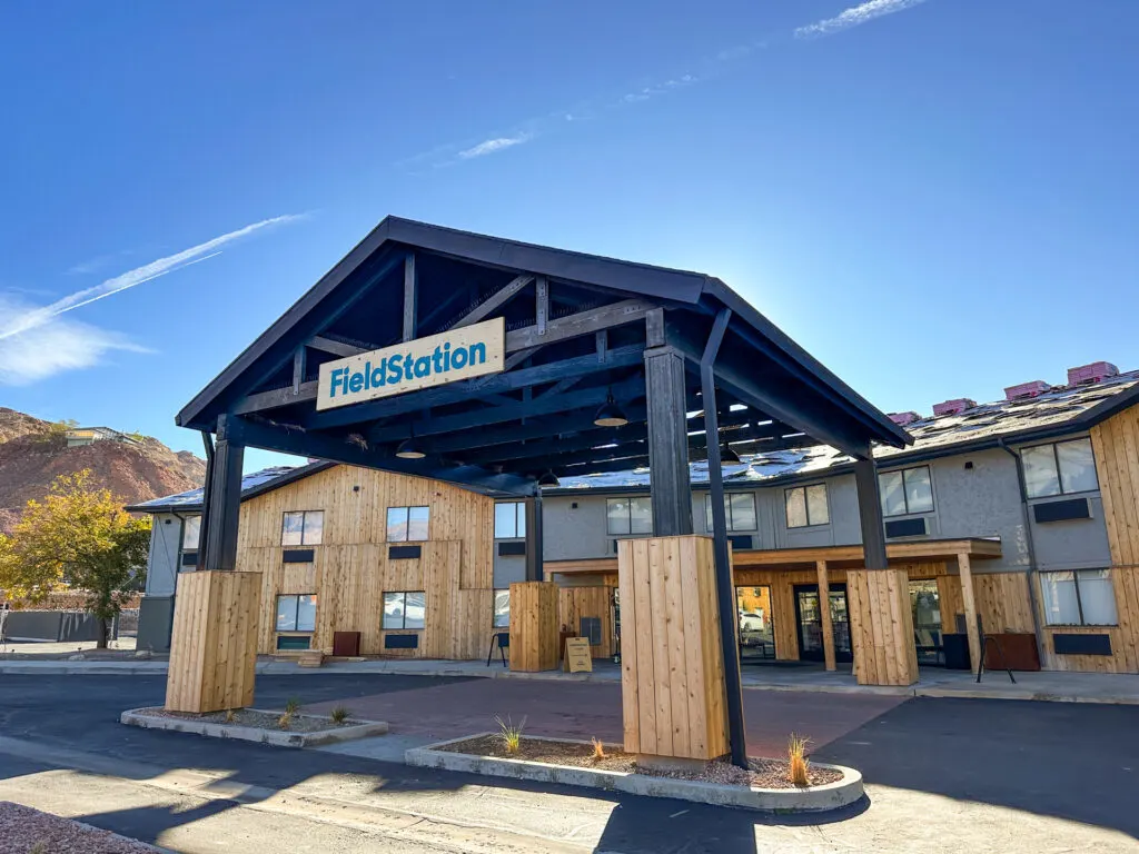 The exterior of Field Station hotel in Moab, UT.