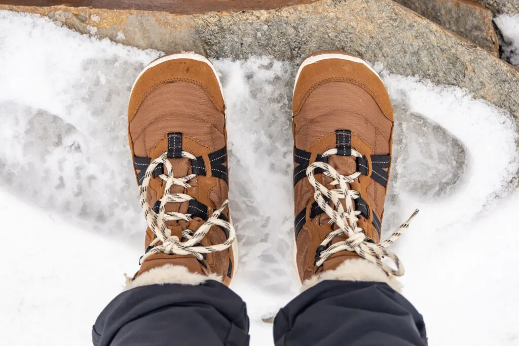 A top-down look at the wide toe box of The Xero Shoes Alpine Boot in the snow.