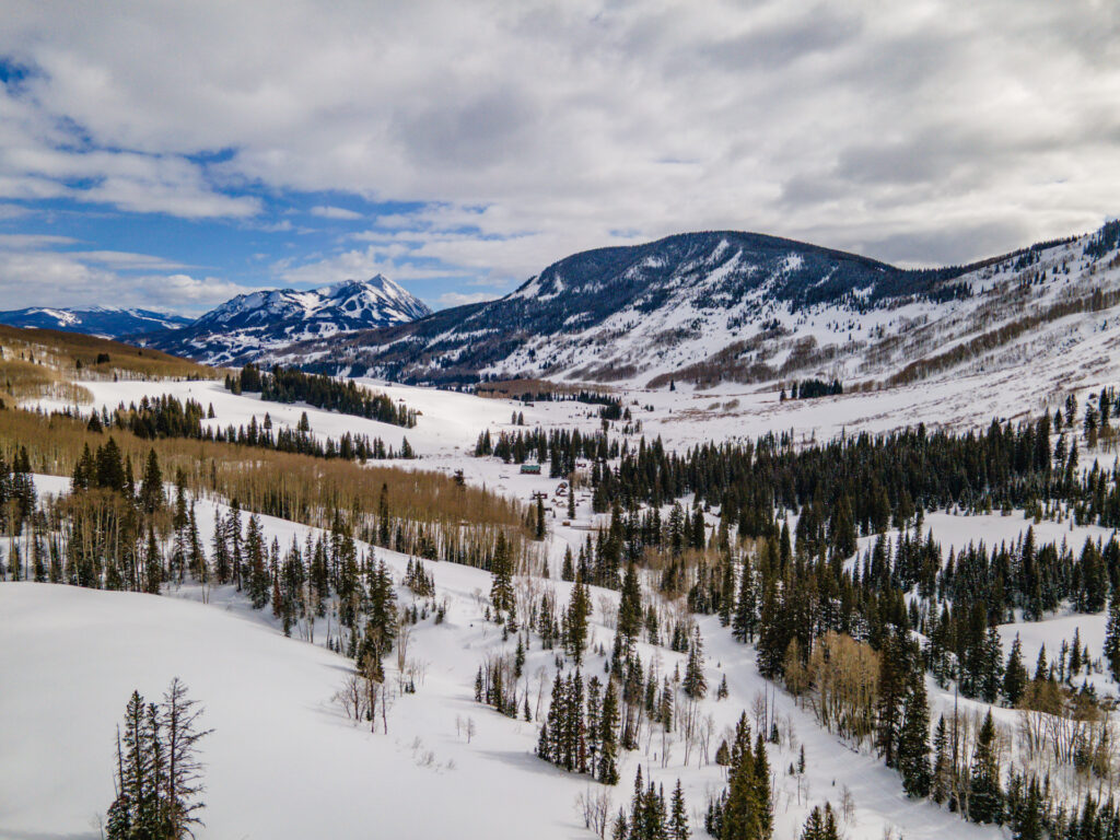 An aerial view of Gothic valley in the winter.