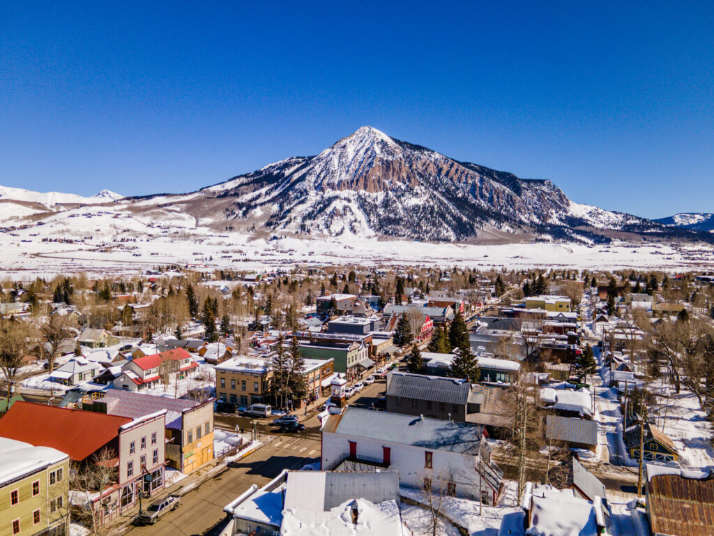 A drone shot/overhead view of Crested Butte Colorado in winter.