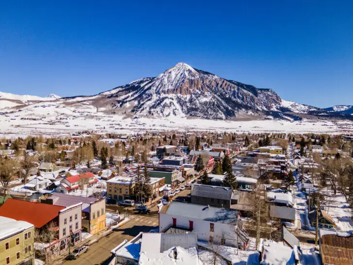 An aerial view of crested butte, Colorado in the winter.