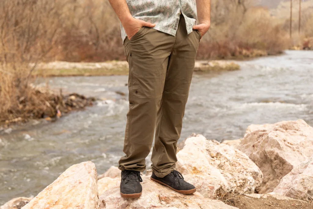 A man's lower half wearing the Royal Robbins Wilder Pants.