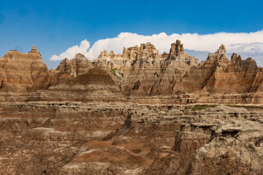 A view of sandy peaks in Badlands National Park.