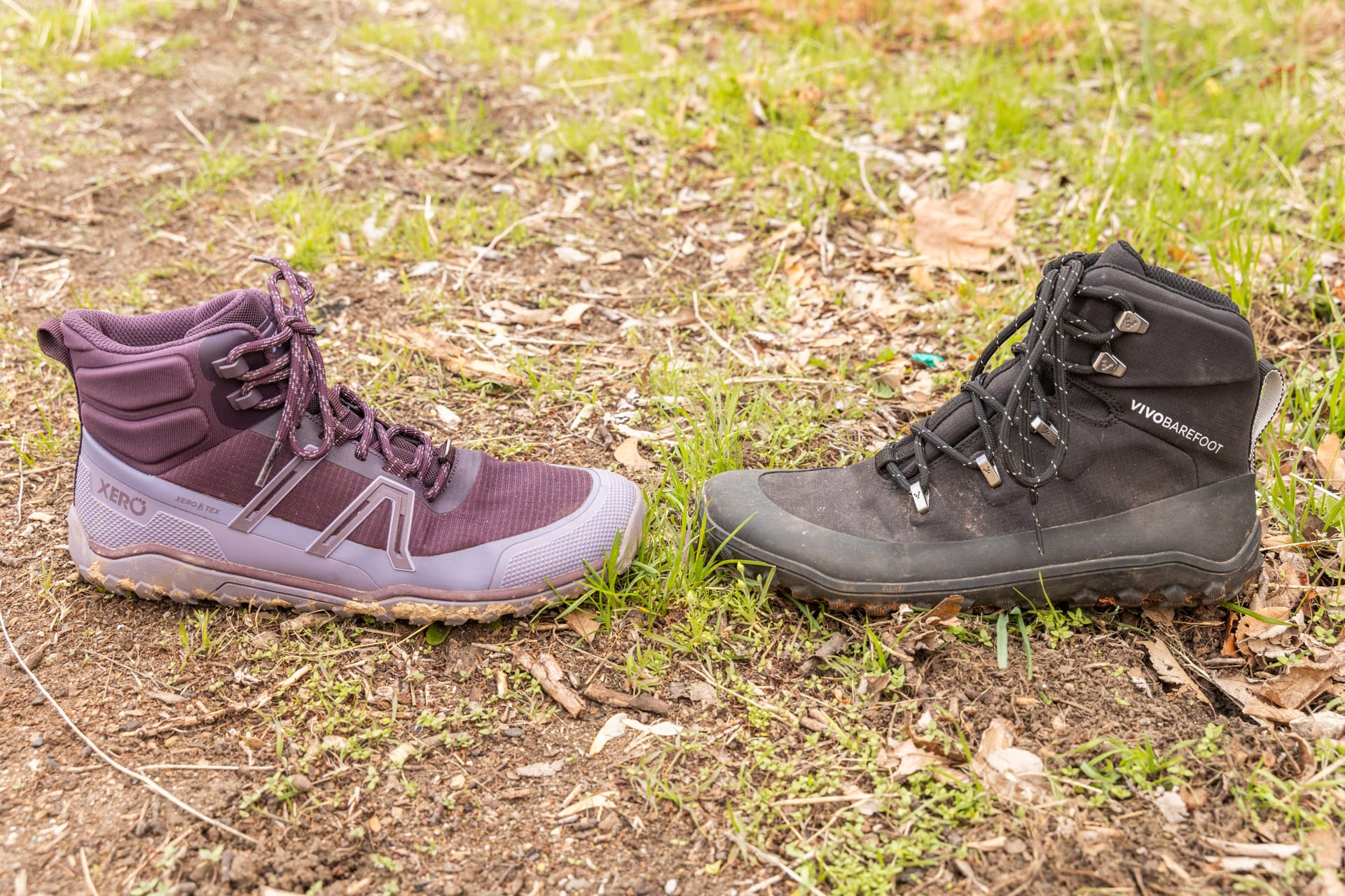 A Xero Shoes Scrambler Trail Mid and Vivobarefoot Tracker Textile AT face off.
